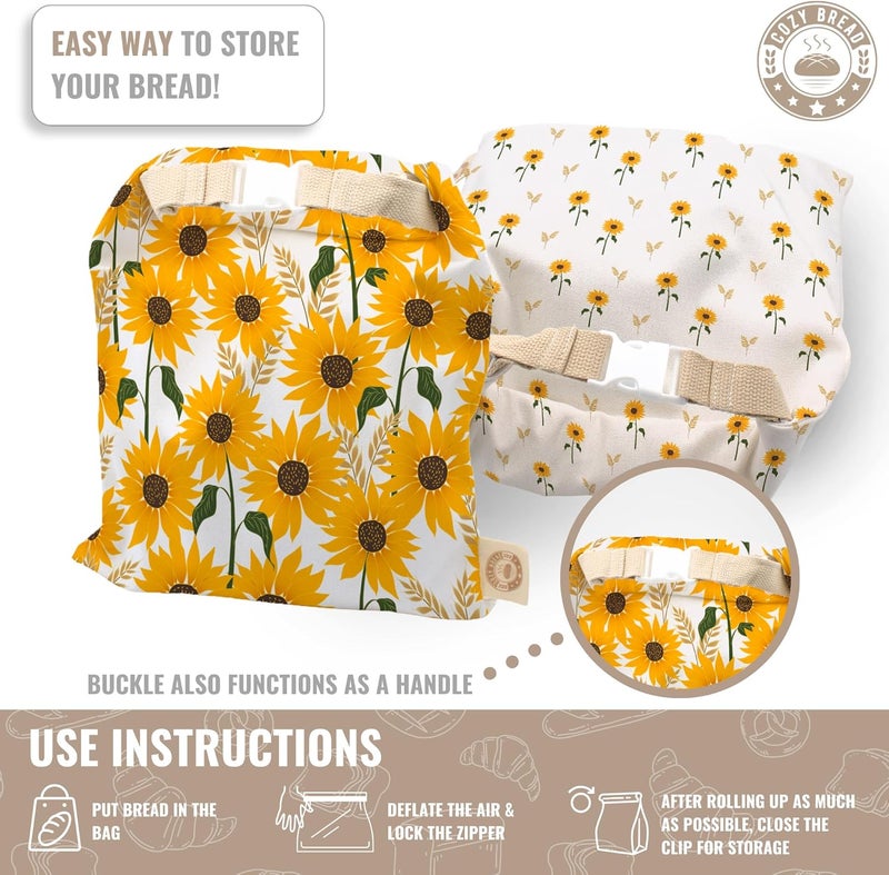 Cozy Bread ® Reusable Bread Bag Set for Home Bakers | USA Brand | Charming Designs (Sunflower) - Image 4